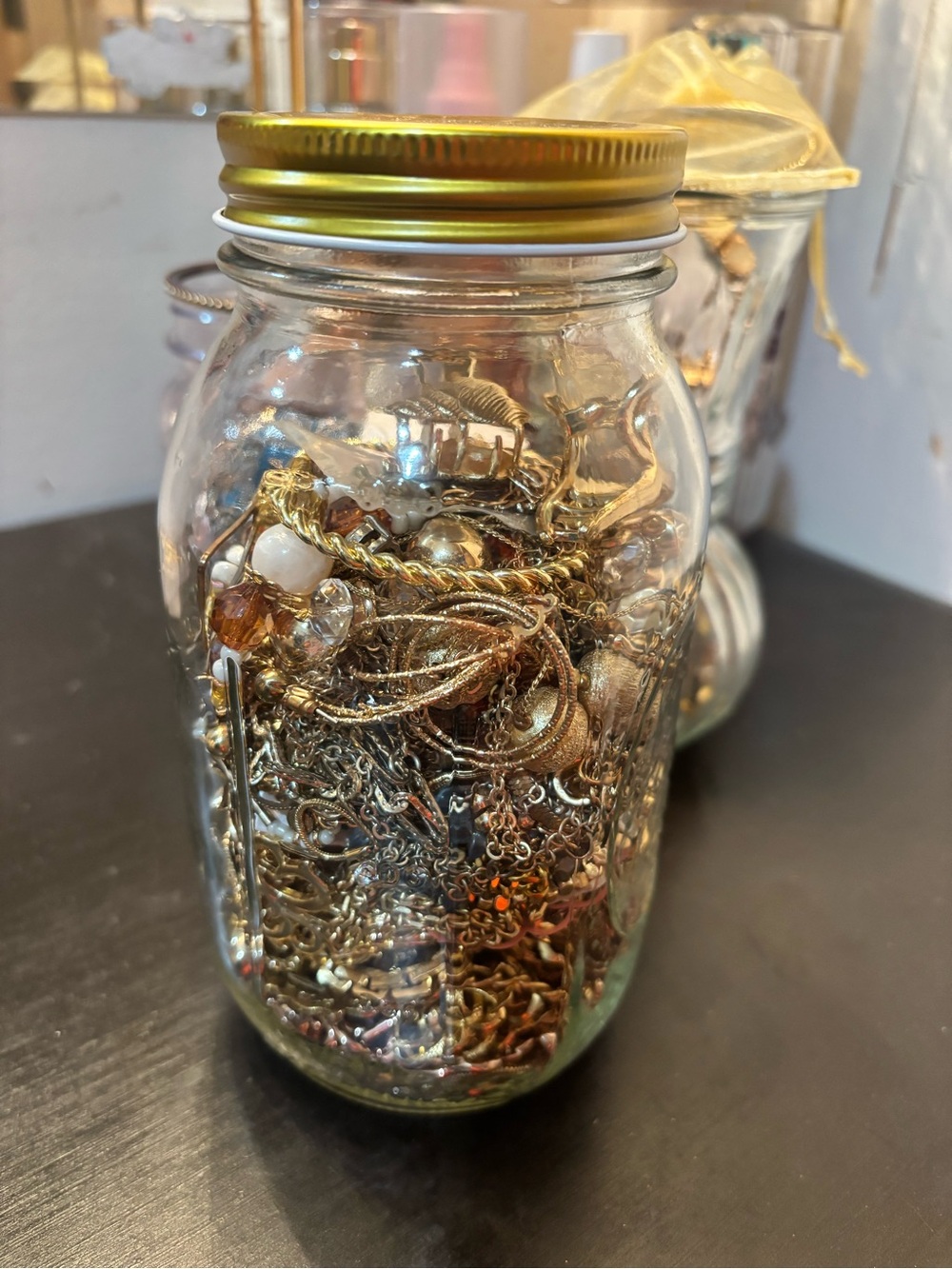Gold tone jewelry jar! Over 50 pieces!